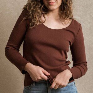 Neuflora Brown Pointelle Long Sleeve Scallop Stitched Neckline Minimalist Size M